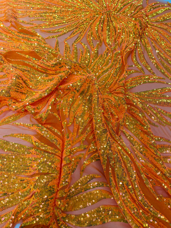 Orange Iridescent Phoenix Feather Design with Sequins Embroider on a Orange 4 way Stretch Mesh Fabric- Sold by the yard.