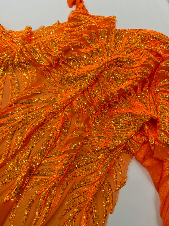 Orange Iridescent Phoenix Feather Design with Sequins Embroider on a Orange 4 way Stretch Mesh Fabric- Sold by the yard.