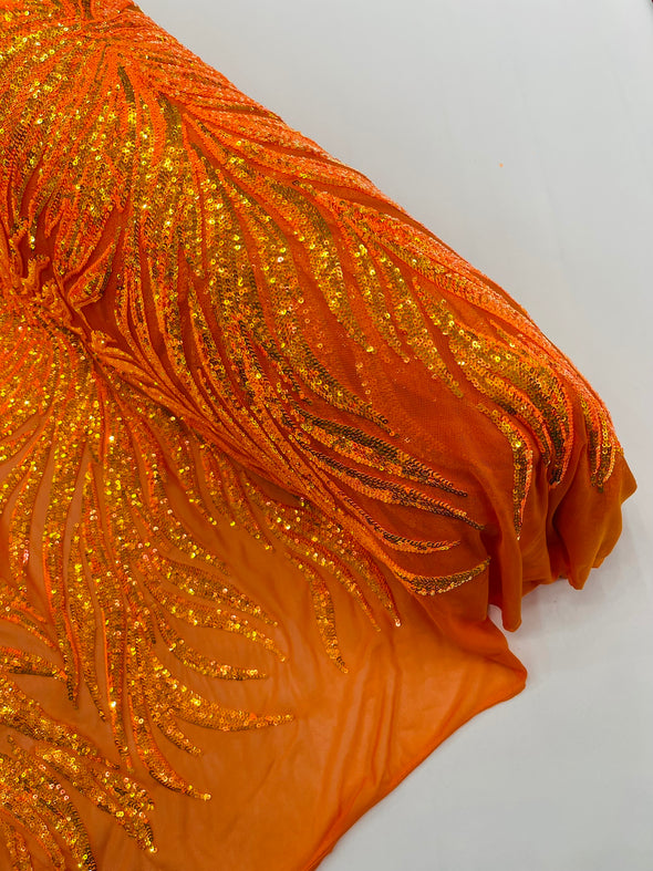 Orange Iridescent Phoenix Feather Design with Sequins Embroider on a Orange 4 way Stretch Mesh Fabric- Sold by the yard.