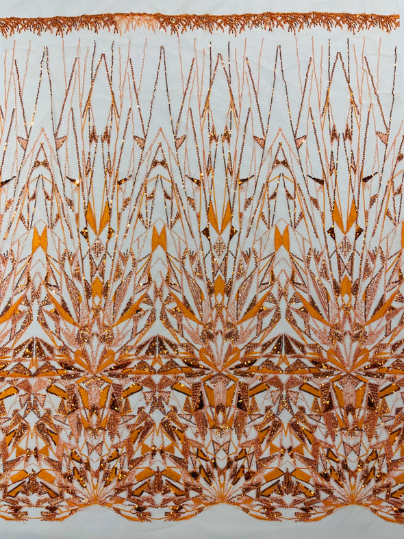 Orange Geometric Beaded Design On A Mesh Lace Fabric (By The Yard)