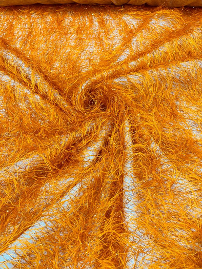 Orange Shaggy Jacquard Faux Ostrich/Eye Lash Feathers Sewing Fringe With Metallic Thread Fabric By The Yard