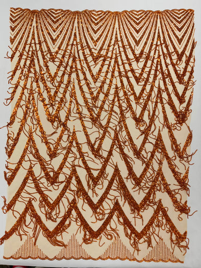 Orange Geometric Fringe Beaded Design With Sequins On A Mesh Fabric/Prom.