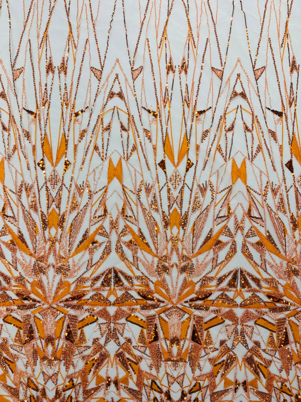 Orange Geometric Beaded Design On A Mesh Lace Fabric (By The Yard)