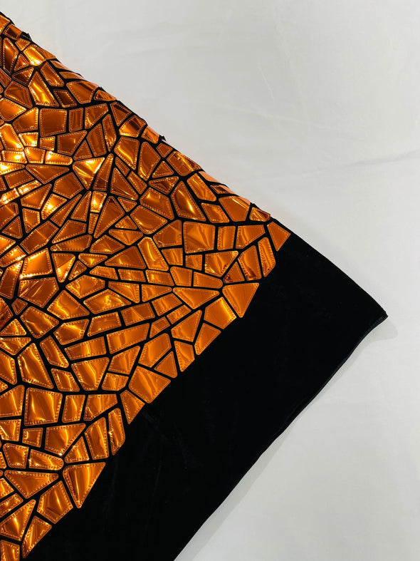 Orange Holographic Shiny Broken Glass Sequin Design/Geometric/ On Black Stretch Velvet Fabric Sold By The Yard