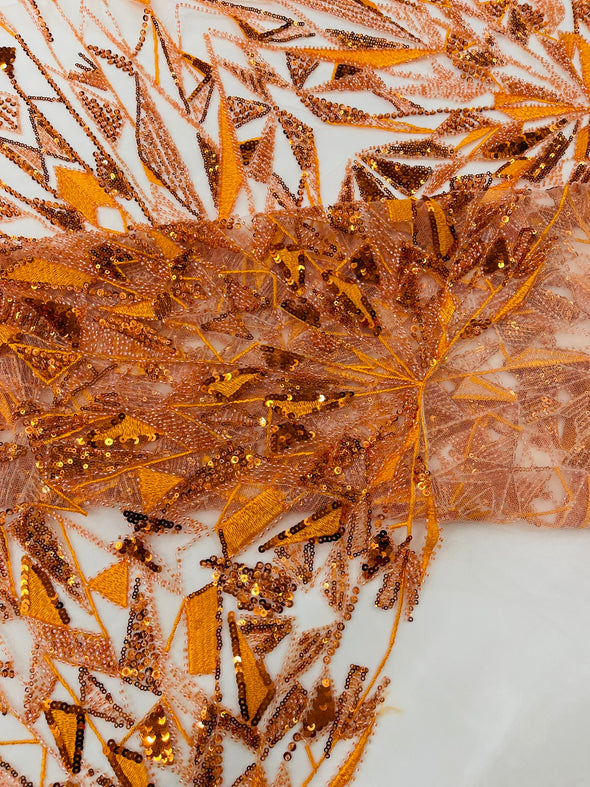 Orange Geometric Beaded Design On A Mesh Lace Fabric (By The Yard)