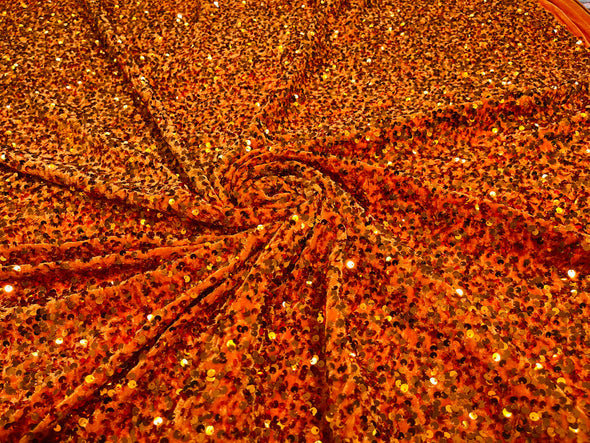 Orange 54" Stretch Velvet with Luxury Sequins All Over 5mm Shining Sequins 2-Way Stretch. Sold by the yard.