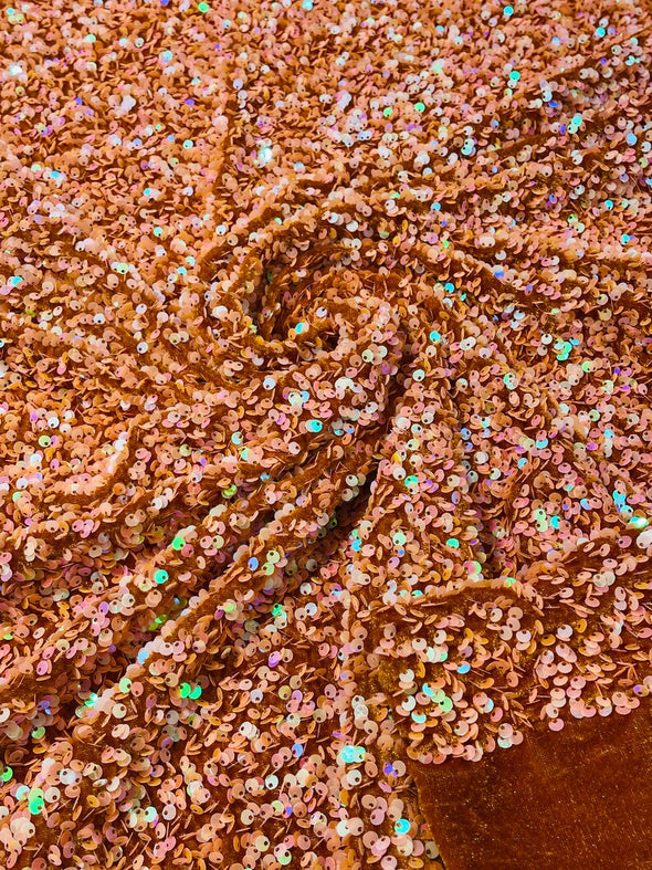 Orange Iridescent 54" Stretch Velvet with Luxury Sequins All Over 5mm Shining Sequins 2-Way Stretch. Sold by the yard.