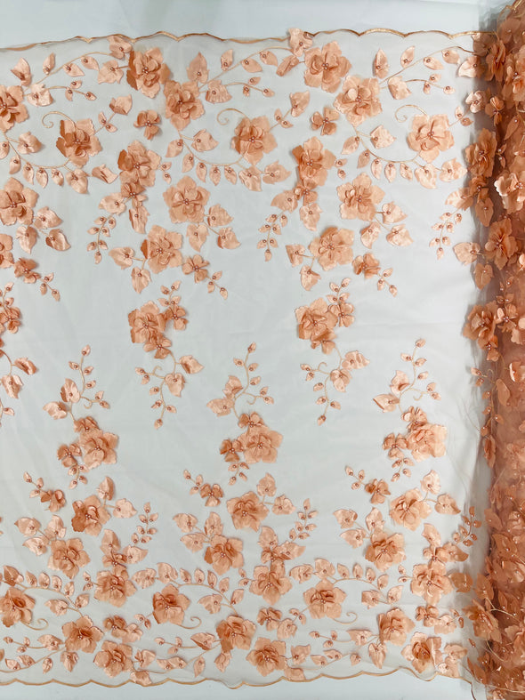 Peach Double Scalloped Orquidia 3D Floral Design Embroider and Beaded With Pearls On a Mesh Lace-Prom-Dresses-Apparel-Fashion SoldByYard