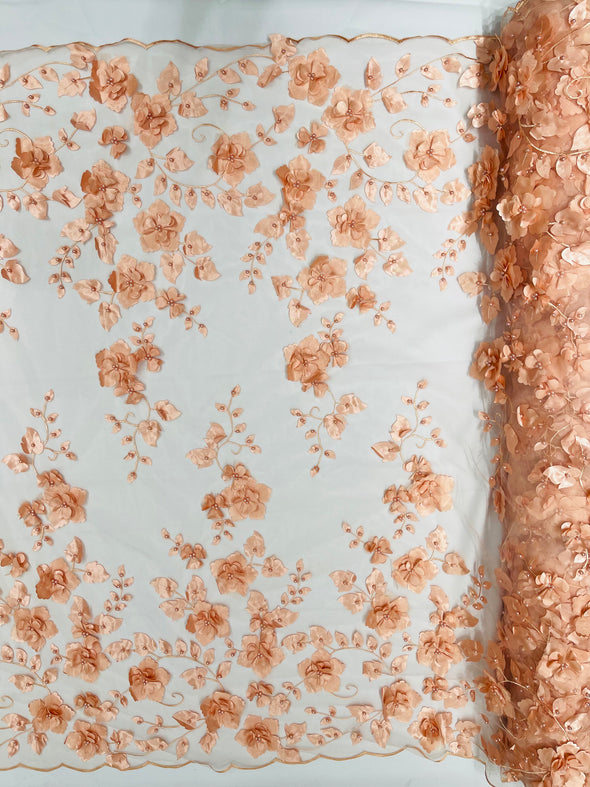 Peach Double Scalloped Orquidia 3D Floral Design Embroider and Beaded With Pearls On a Mesh Lace-Prom-Dresses-Apparel-Fashion SoldByYard