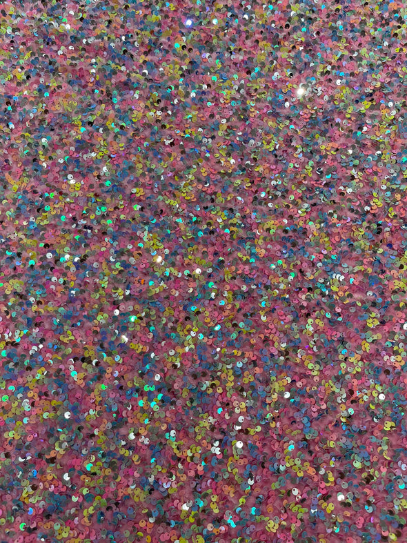 Multi color Confetti all over shiny sequins on pink stretch velvet , Sold by the yard