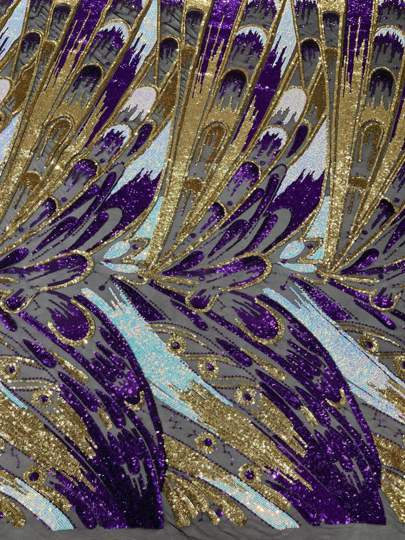 Purple Gold Aqua On Gold Iridescent Feather sequin design on a Blue 4 way stretch mesh Fabric-prom- Sold by the yard