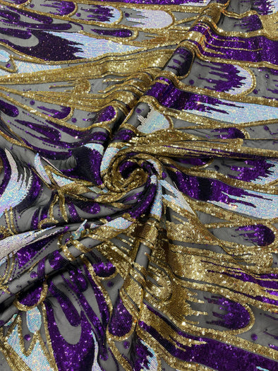 Purple Gold Aqua On Gold Iridescent Feather sequin design on a Blue 4 way stretch mesh Fabric-prom- Sold by the yard