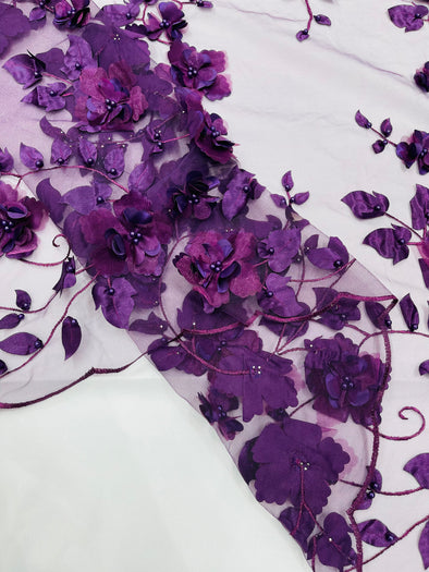 Purple Double Scalloped Orquidia 3D Floral Design Embroider and Beaded With Pearls On a Mesh Lace-Prom-Dresses-Apparel-Fashion SoldByYard