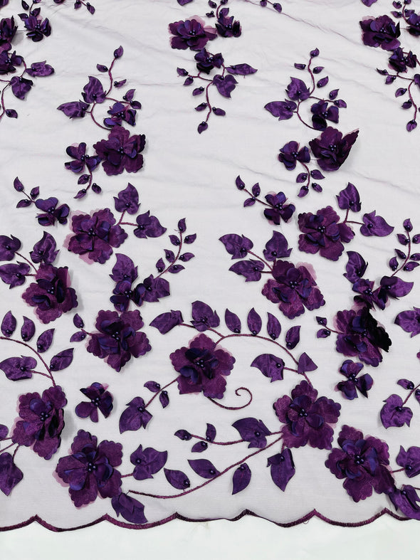 Purple Double Scalloped Orquidia 3D Floral Design Embroider and Beaded With Pearls On a Mesh Lace-Prom-Dresses-Apparel-Fashion SoldByYard