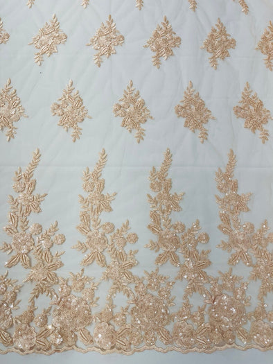Peach Floral design embroider and beaded on a mesh lace fabric-Wedding/Bridal/Prom/Nightgown fabric.