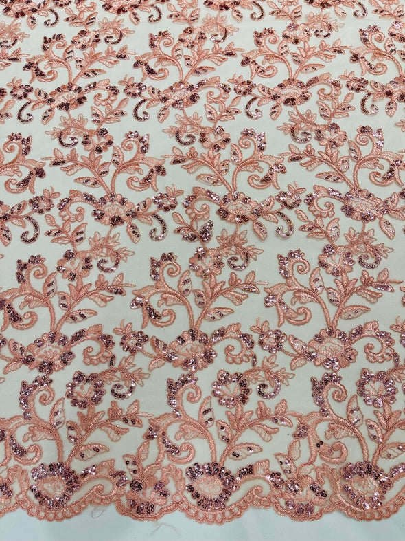 Peach Corded floral French Embroider With Sequins On a Mesh Lace Fabric-Prom-Sold By The Yard