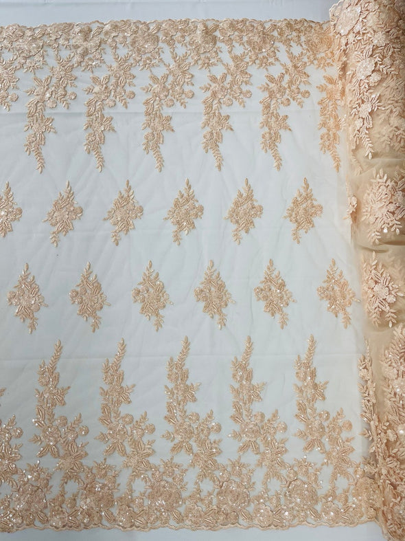 Peach Floral design embroider and beaded on a mesh lace fabric-Wedding/Bridal/Prom/Nightgown fabric.