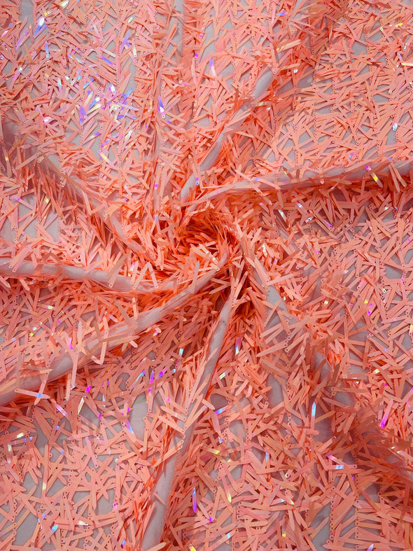 Peach Iridescent  Sword Sequins Fabric/Big Sequins Fabric On Peach Mesh/54 Inches Wide.