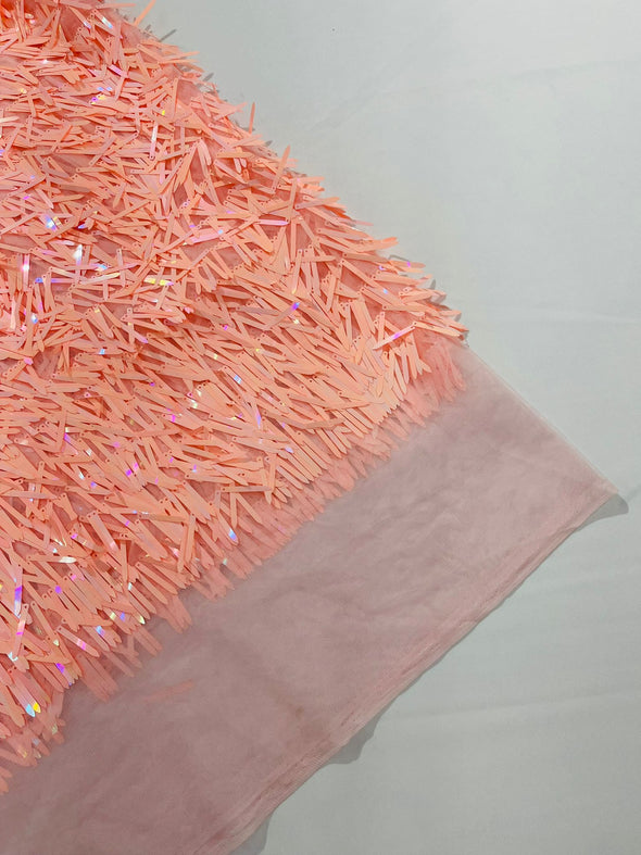 Peach Iridescent  Sword Sequins Fabric/Big Sequins Fabric On Peach Mesh/54 Inches Wide.