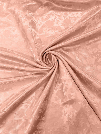 Peach Polyester Roses/Floral Brocade Jacquard Satin Fabric/ Cosplay Costumes, Table Linen- Sold By The Yard.