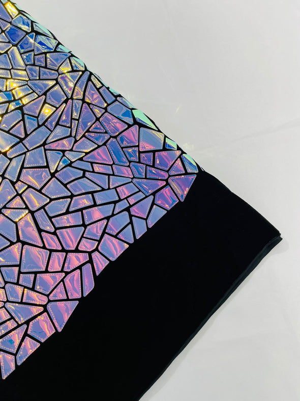Pearl Blue-Pink Iridescent Shiny Broken Glass Sequin Design/Geometric/ On Black Stretch Velvet Fabric Sold By The Yard