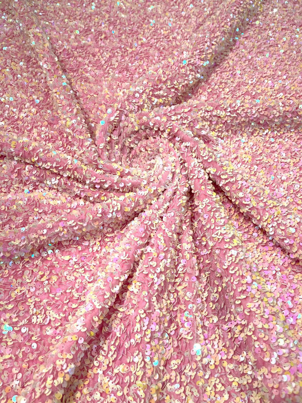 Pearl Pink Iridescent-Pink 54" Stretch Velvet with Luxury Sequins All Over 5mm Shining Sequins 2-Way Stretch. Sold by the yard.