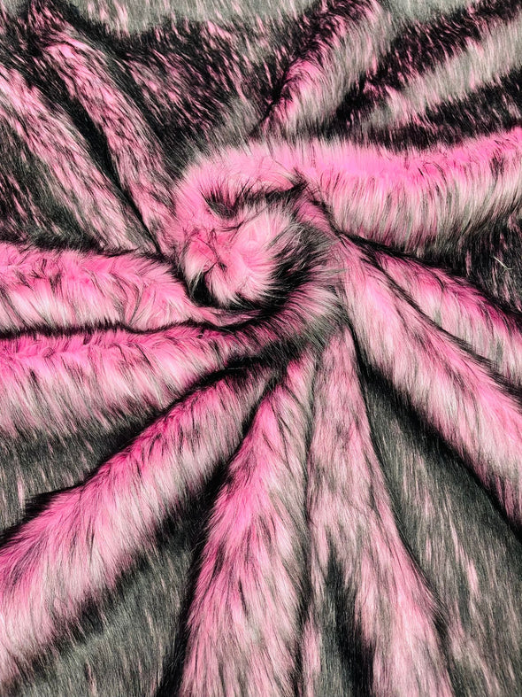 Pink- Black Husky Faux Fur, 2 Tone Shaggy Faux Fur 60" Wide.