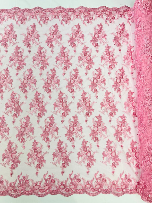 Pink Gorgeous French design embroider and beaded on a mesh lace. Wedding/Bridal/Prom/Nightgown fabric