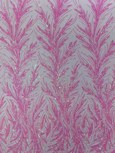 Pink Iridescent Feather damask shiny sequin design on a 4 way stretch mesh Fabric-prom-Sold by the yard