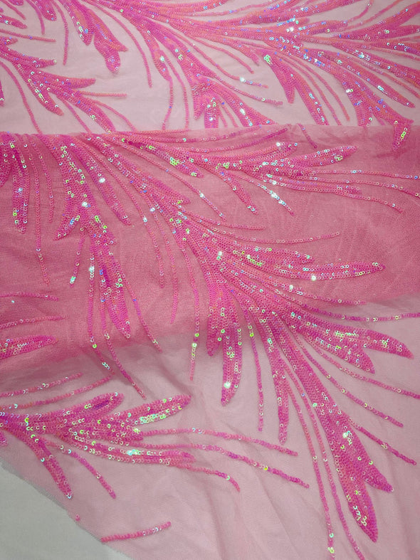 Pink Iridescent Feather damask shiny sequin design on a 4 way stretch mesh Fabric-prom-Sold by the yard