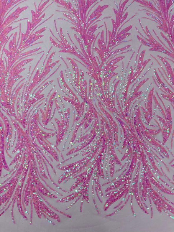 Pink Iridescent Feather damask shiny sequin design on a 4 way stretch mesh Fabric-prom-Sold by the yard