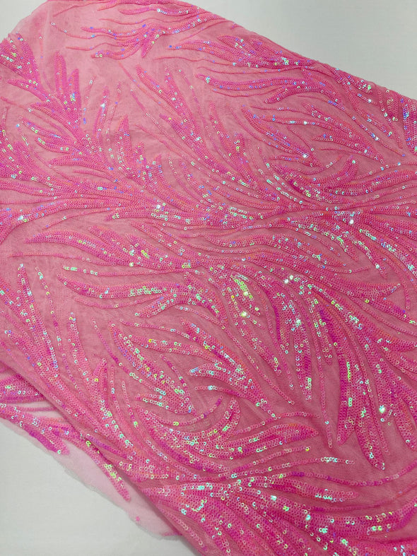 Pink Iridescent Feather damask shiny sequin design on a 4 way stretch mesh Fabric-prom-Sold by the yard