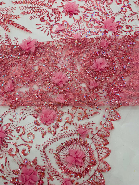 Floral 3D Palm Damask with glitter in a Mesh Lace- Sold by the yard.