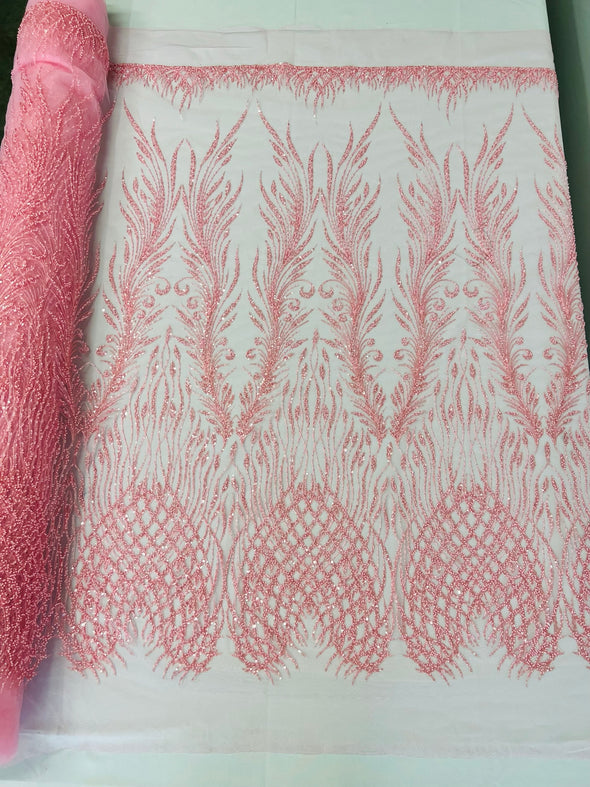 Pink Feathers damask embroider and heavy beaded on a mesh lace fabric- Sold by the yard
