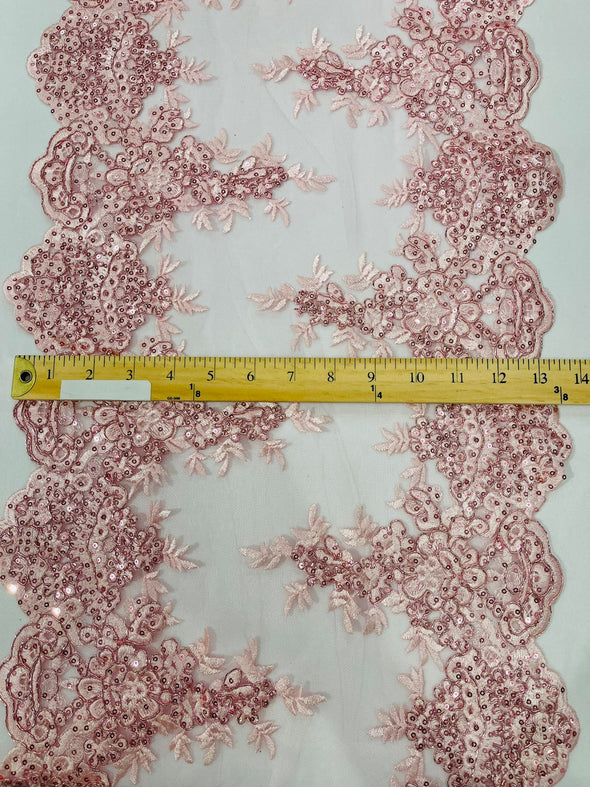 Pink 14"Wide Sequins Metallic Embroidered Lace on Mesh Fabric, Trim Lace, Table Runner. Sold By The Yard.