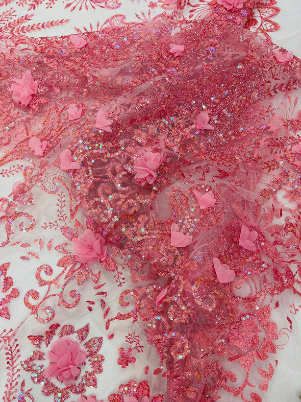 Floral 3D Palm Damask with glitter in a Mesh Lace- Sold by the yard.