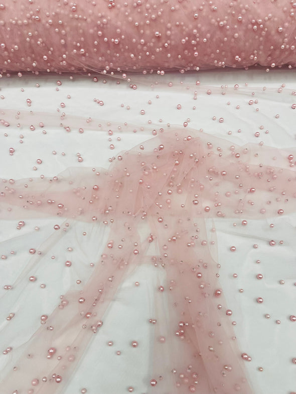 Heavy Scattered Pearls Studded Mesh, 2-Way Stretch, Sold By The Yard.