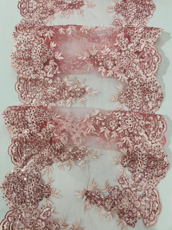 Pink 14"Wide Sequins Metallic Embroidered Lace on Mesh Fabric, Trim Lace, Table Runner. Sold By The Yard.