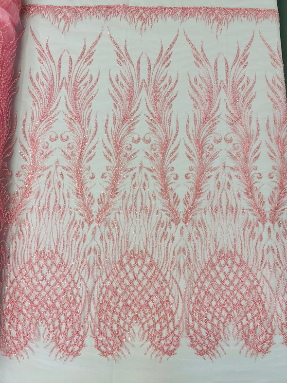 Pink Feathers damask embroider and heavy beaded on a mesh lace fabric- Sold by the yard