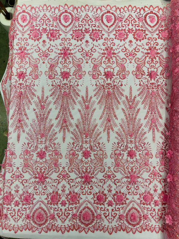 Floral 3D Palm Damask with glitter in a Mesh Lace- Sold by the yard.