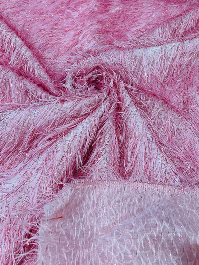 Pink Shaggy Jacquard Faux Ostrich/Eye Lash Feathers Sewing Fringe With Metallic Thread Fabric By The Yard