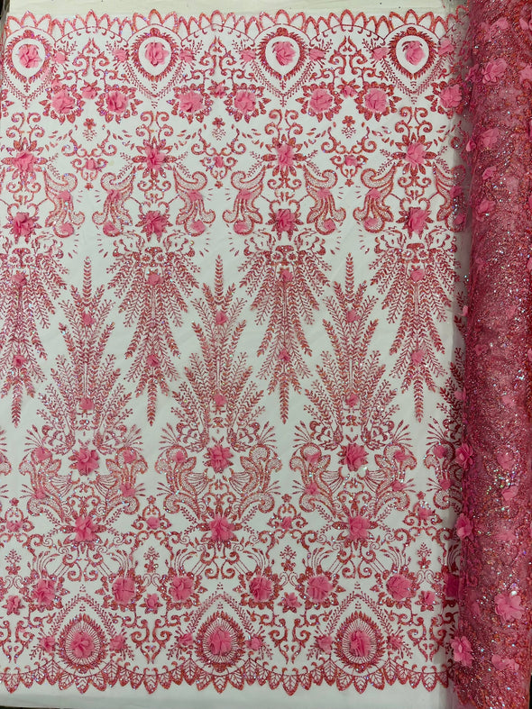 Floral 3D Palm Damask with glitter in a Mesh Lace- Sold by the yard.