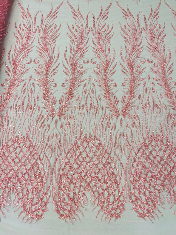 Pink Feathers damask embroider and heavy beaded on a mesh lace fabric- Sold by the yard