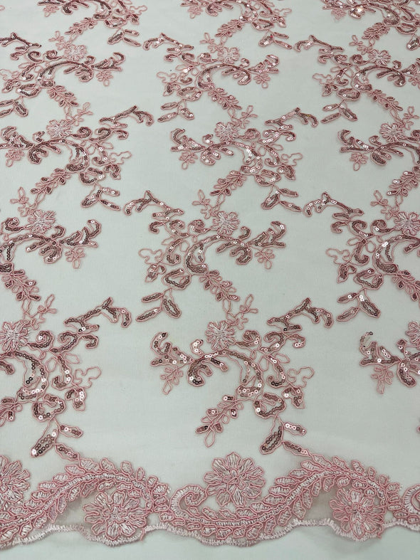 Pink Flower lace corded and embroider with sequins on a mesh- Sold by the yard