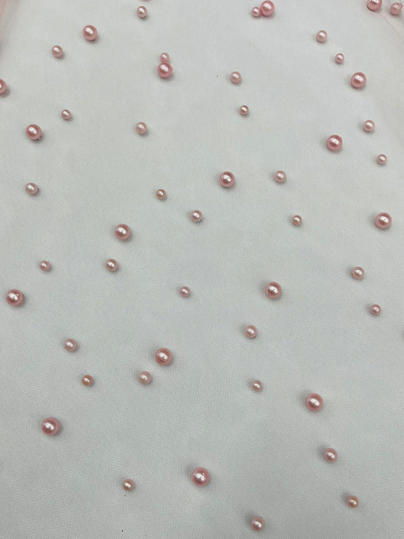 Heavy Scattered Pearls Studded Mesh, 2-Way Stretch, Sold By The Yard.