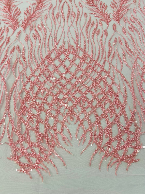 Pink Feathers damask embroider and heavy beaded on a mesh lace fabric- Sold by the yard