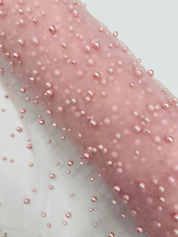 Heavy Scattered Pearls Studded Mesh, 2-Way Stretch, Sold By The Yard.