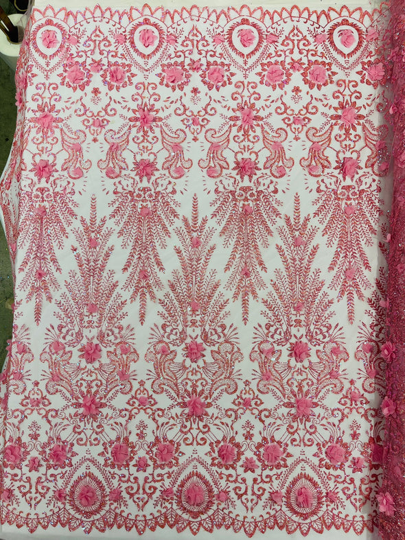 Floral 3D Palm Damask with glitter in a Mesh Lace- Sold by the yard.
