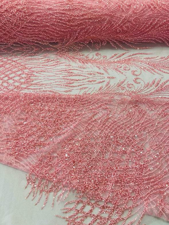 Pink Feathers damask embroider and heavy beaded on a mesh lace fabric- Sold by the yard