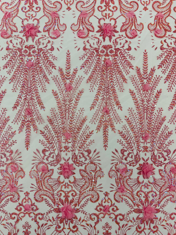 Floral 3D Palm Damask with glitter in a Mesh Lace- Sold by the yard.
